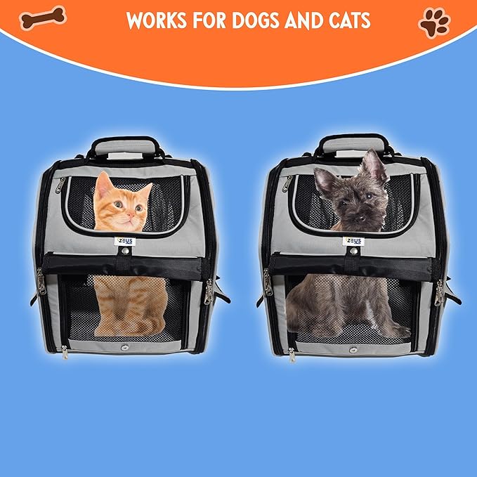 Expandable Pet Backpack Carrier – Dog & Cat Travel Bag with 4-Way Entry, Mesh Windows, Storage Pockets, Secure Zippers, Washable Cushion, Bonus 2 Collapsible Pet Bowls