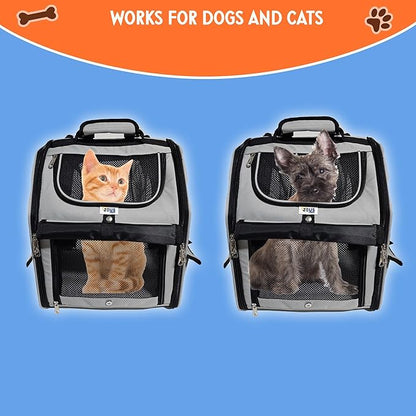 Expandable Pet Backpack Carrier – Dog & Cat Travel Bag with 4-Way Entry, Mesh Windows, Storage Pockets, Secure Zippers, Washable Cushion, Bonus 2 Collapsible Pet Bowls