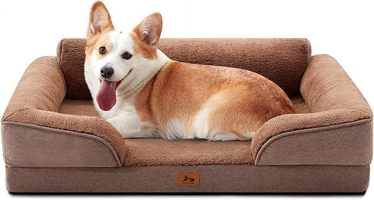 Orthopedic Dog Beds for Medium Size Dogs, Waterproof Egg-Crate Foam Pet Couch Bed with Soft Sides, Non-Slip Dog Sofa with Fleece Removable Washable Cover, 35" L Supportive Pet Sofa, Brown