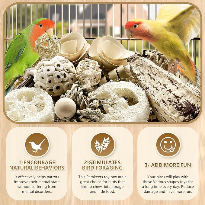 Natural Bird Toy Foraging Parrot Shredding Toys Box Conure Chewing Toys for Cockatiel Lovebird Parakeet Budgie Small-Medium Birds (Nature Color)