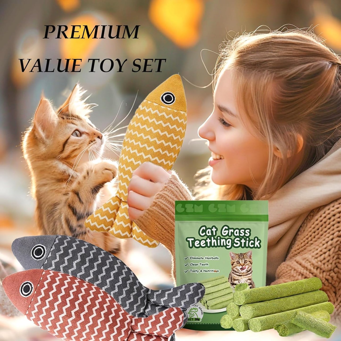 Cat Toys for Indoor Cats 9pcs Wavy Fish Toy Catnip Toys Cats Interactive Toys Kitten Dental Gifts Cat Kicker Grass Stick Kitty Chew Plush with Bells