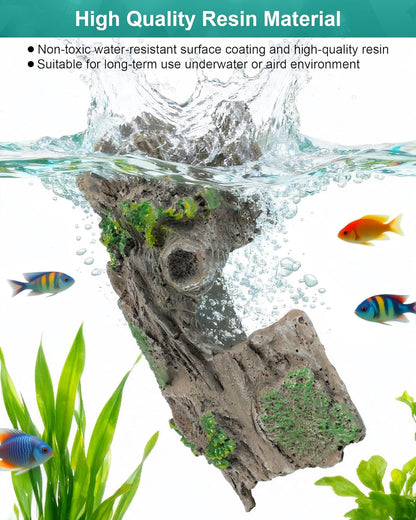 TRUVIC Fish Tank Decorations - Aquarium Cave Decor, Resin Hollow Tree Trunk Reptile Hide & Betta Log Hideout for 20 Gallon Tank, Fish Accessories Shelter Cave