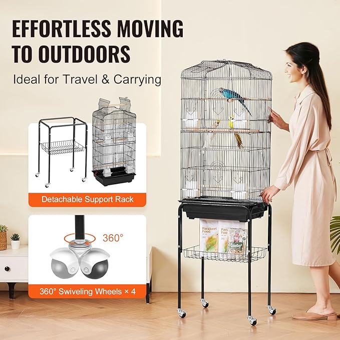 VEVOR 64-inch Open Top Large Parrot Bird Cage with Detachable Rolling Stand for Parakeets Finches Canaries Lovebirds Cockatiels Budgies Small Quaker Conures Flight Birdcage with Swing and Perch