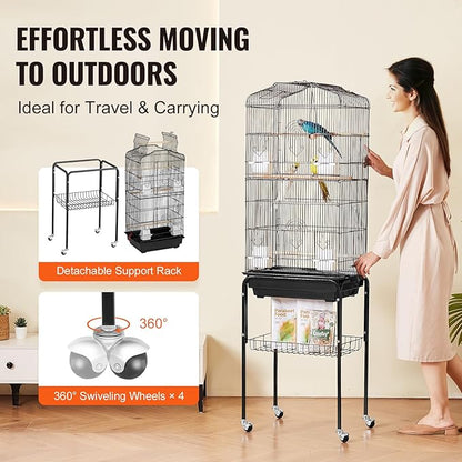 VEVOR 64-inch Open Top Large Parrot Bird Cage with Detachable Rolling Stand for Parakeets Finches Canaries Lovebirds Cockatiels Budgies Small Quaker Conures Flight Birdcage with Swing and Perch