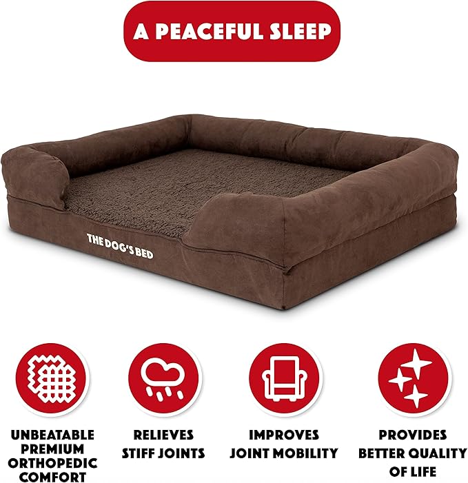 The Dog’s Bed, Large Brown Plush, Memory Foam, Pain Relief: Arthritis, Hip & Elbow Dysplasia, Post Surgery, Lameness, Supportive, Calming, Waterproof Washable Cover