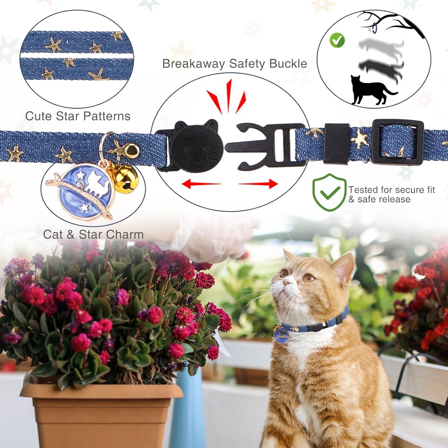 3 Pack Breakaway Cat Collars with Bell- Moon and Stars Pendant Cat Collar for Girl Boy Cats with Safety Buckle- Cute Kitten Collar Adjustable 8"-12" for Kitty Puppy Small Pets