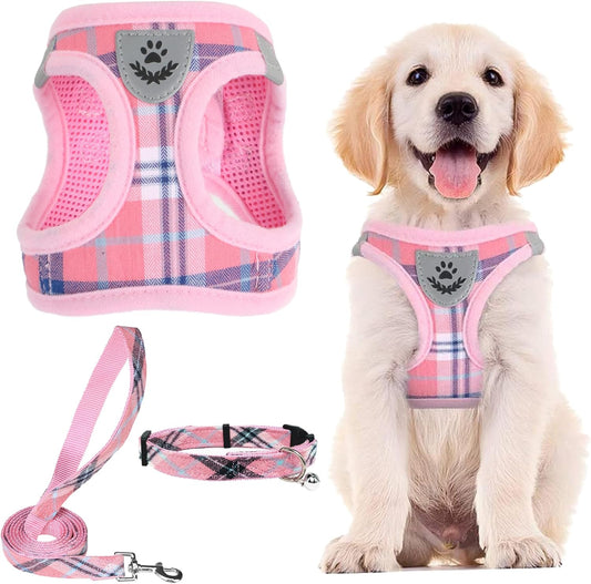 PUPTECK Adjustable Dog Harness Collar and Leash Set Step in No Pull Pet Harness for Small Medium Dogs Puppy and Cats Outdoor Walking Running, Soft Mesh Padded Reflective Vest Harnesses, Pink XXS