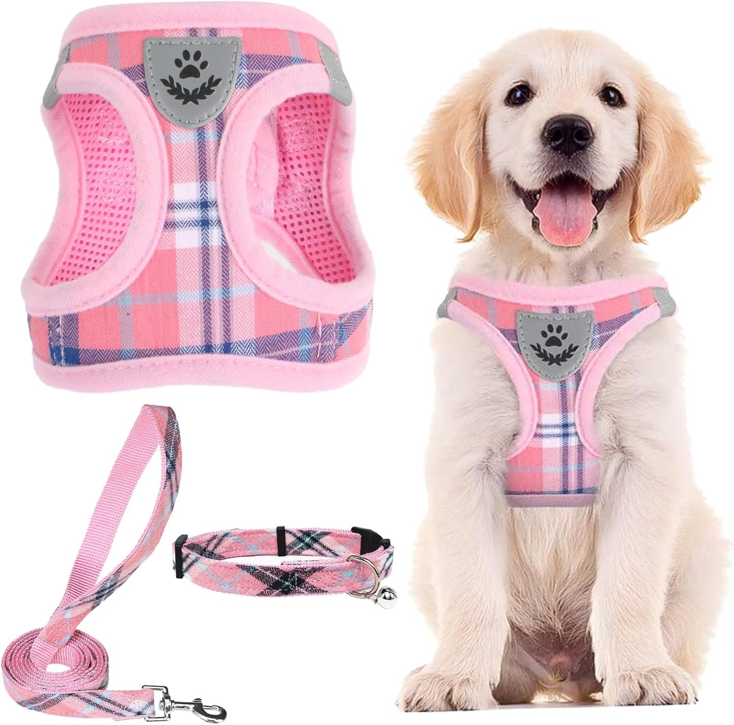 PUPTECK Adjustable Dog Harness Collar and Leash Set Step in No Pull Pet Harness for Small Medium Dogs Puppy and Cats Outdoor Walking Running, Soft Mesh Padded Reflective Vest Harnesses, Pink S