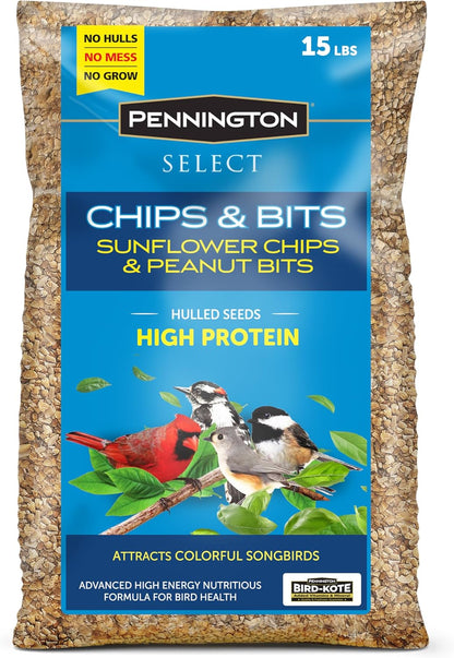 Pennington Select Chips & Bits Wild Bird Seed for Outside Feeders, High-Protein, No-Hull & No-Waste, Sunflower Chips & Peanut Bits Attract Songbirds,15-lb. Bag