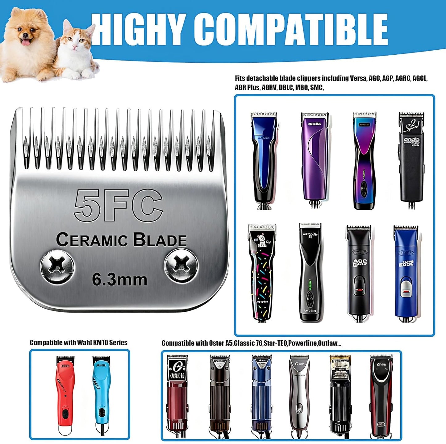 Dog Grooming Replacement Blades Compatible with Andis Dog Clipper, Dog Clipper Blades Compatible with Oster A5,Wahl KM-10 Series Dog Clipper,#5FC Blades (6.3mm)