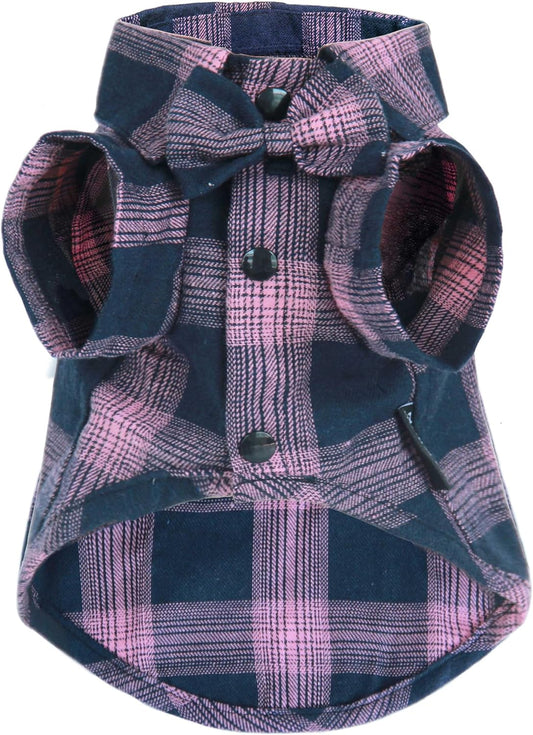Plaid Dog Shirt,Soft Casual Pet Shirt Clothes, Dog Cotton Shirt with Bow Tie for Wedding,Christmas Costumes (Pink&Blue, X-Small)