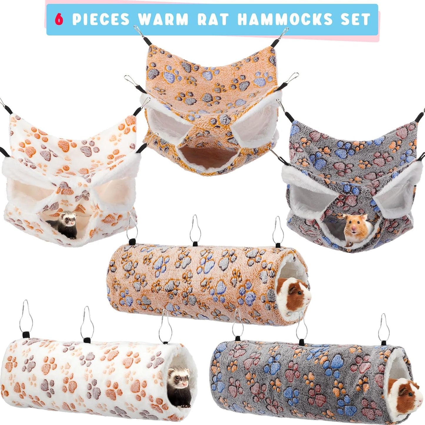 Sweetude 6 Pcs Rat Hammock Set Ferret Hanging Tunnel 3 Tier Guinea Pig Hammocks Hideout Soft Chinchilla Bed for Cage Accessories Hide,Play and Sleep(Cute,Paw)