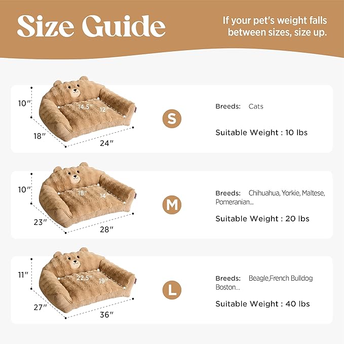 LE SURE Cute Cat Couch for Pets - Fluffy Original Bear Design Cat Beds for Indoor Cats, Fuzzy Cats Sofa with Removable Washable Cover, Supportive Pet Chair, 24inch, Almond
