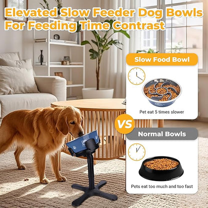 Elevated Slow Feeder Dog Bowl Adjustable Stand,Tilted ABS Base,Fits 5.5-9.5" Bowls, Anti-Spill & Non-Slip, Heavy Duty for Med/Large Dogs(with Stainless Steel Bowls 2 Pack)