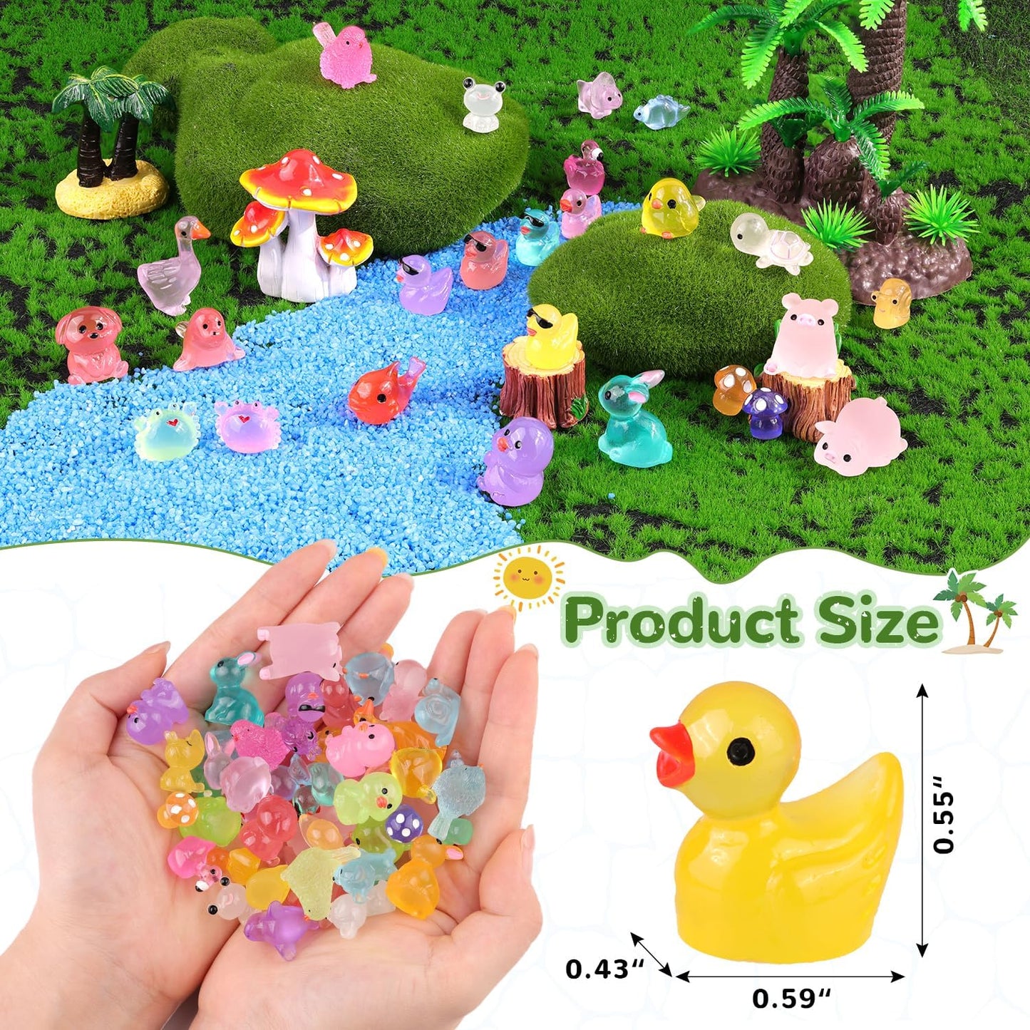 105PCS Mini Resin Animals Tiny Cute Figurines Glow in Dark, Miniature Figures to Hide, Little Animal Toys Small Accessories for Topper Desk Garden Dollhouse Landscape Aquarium Ornaments Crafts & Decor