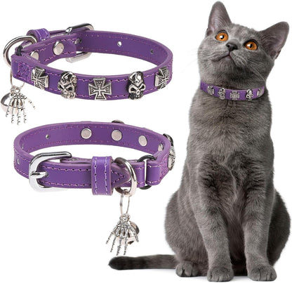 EXPAWLORER Leather Cat Collar for Girl Boy- Adjustable Pet Collar with Safety Elastic Belt,Personalized Punk Accessories Buckle Collars with Bell & Durable D-Ring, Skull(Purple)