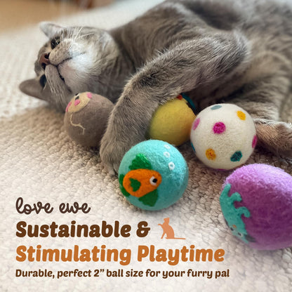 Hustle & Blush Wool Felt Balls 3 Pack Love Ewe Pet Supplies - 2 in Felted Wool Cat Toys 100% New Zealand Wools Felt Cat Toys Handmade Wools Felts Balls, Cats Felts Ball with Bell - Hook, Line & Jingle