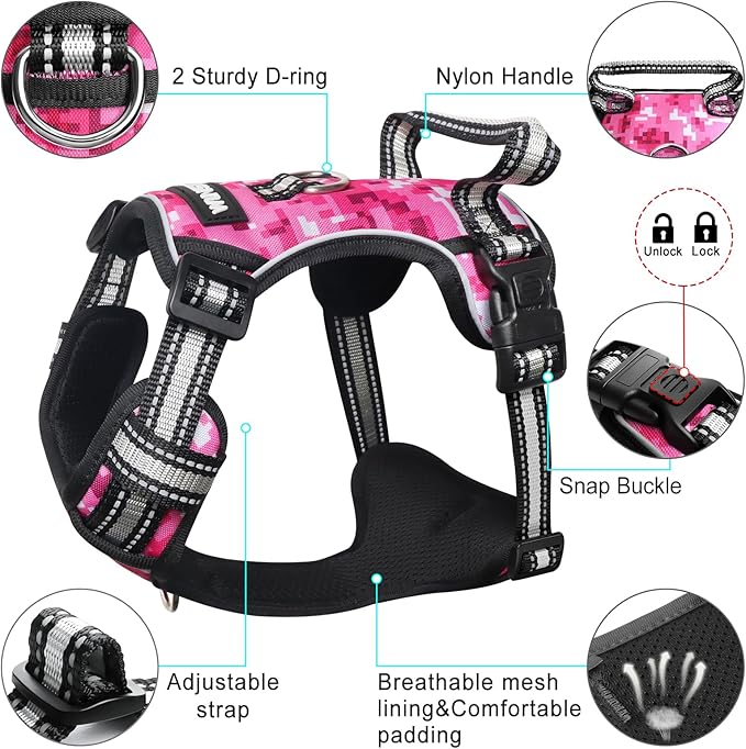 WINSEE Dog Harness No Pull, Pet Harnesses with Dog Collar, Adjustable Reflective Oxford Outdoor Vest, Front/Back Leash Clips for Small, Medium, Large, Extra Large Dogs, Easy Control Handle for Walking