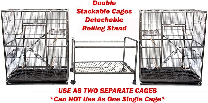 76" Extra Large Double Stackable Wrought Iron Breeding Bird Parrot Cockatiel Conure Breeder Flight Cage Double Feeder Cups Side Breeding Doors Eash Clean Pull Out Tray with Detachable Rolling Stand
