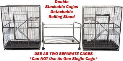 76" Extra Large Double Stackable Wrought Iron Breeding Bird Parrot Cockatiel Conure Breeder Flight Cage Double Feeder Cups Side Breeding Doors Eash Clean Pull Out Tray with Detachable Rolling Stand