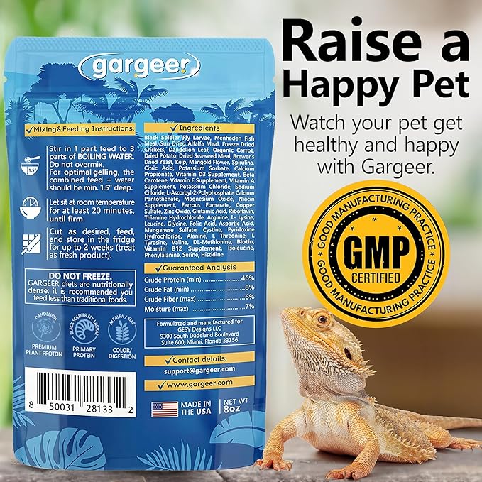 8oz Bearded Dragon Food. Complete Gel Diet for Both Juveniles and Adults. Proudly Made in The USA, Using Premium Ingredients, Fortified Gourmet Formula. Enjoy!