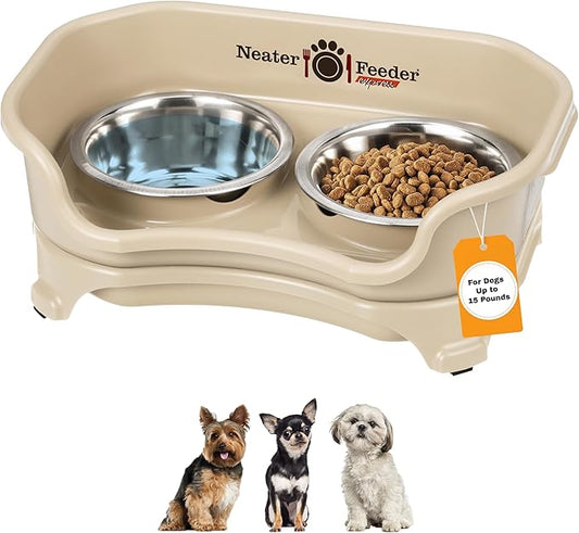 Neater Feeder Express Mess Proof Dog Bowls Elevated for Small Breeds Under 15 Lb, Made in USA, No Spill Raised Dog Food Bowl Stand, Stainless Steel Food and Water Bowl Set, Feeding Station, Almond