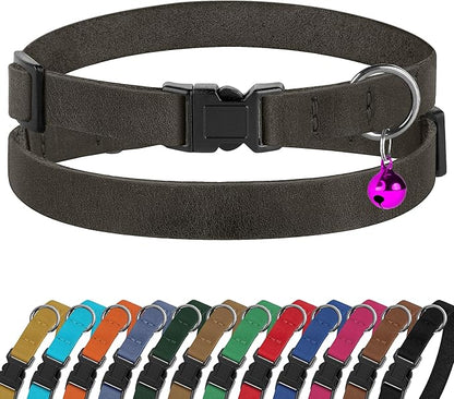 Breakaway Cat Collar Leather with Removable Bell - 13 Colors Available - Soft Adjustable Girl Boy Safety Lightweight Pet Kitten Collars Pink Brown Blue Green Red Orange Black (Graphite)