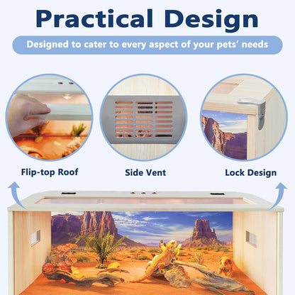 Prolee Reptile Terrarium, Lizard Tank Up to 68 Gallons, Bearded Dragon Tank with Roof Door, Snake Tank with Built-in Lamp Fixture and Switch (78 Gallon, 48" Long, Openable Wood Roof)