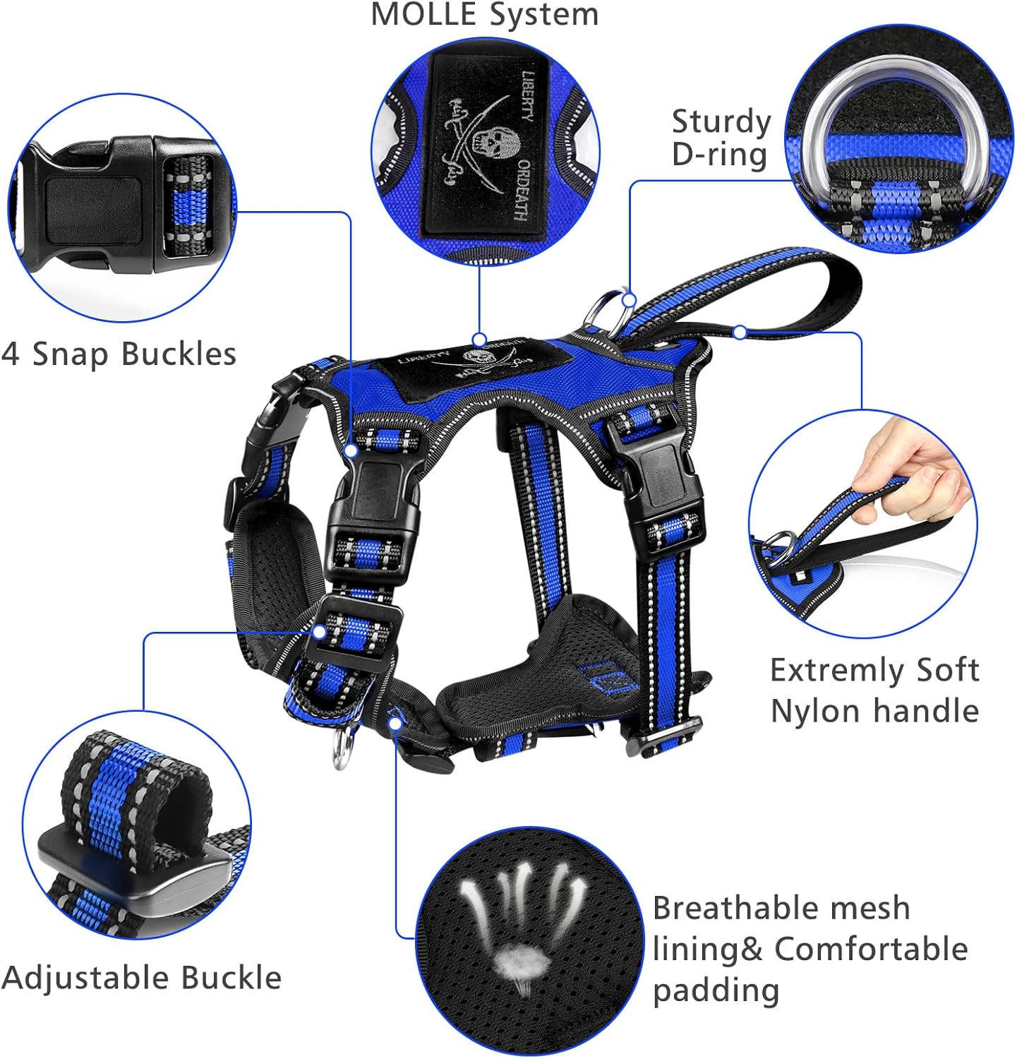 WINSEE Pet Harness Collar and Leash Set, All-in-one Reflective Dog Harness No Pull with Adjustable Buckles for Puppies, Small, Medium, Large, and Extra-Large Dogs (Large, Dark Blue)