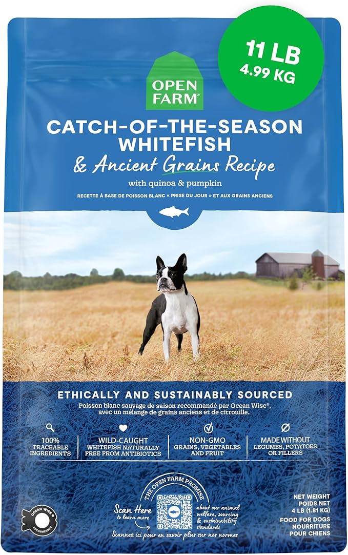 Open Farm Catch-of-The-Season Whitefish & Ancient Grains Dry Dog Food, Wild-Caught Whitefish Recipe with Wholesome Grains and No Artificial Flavors or Preservatives, 11 lbs