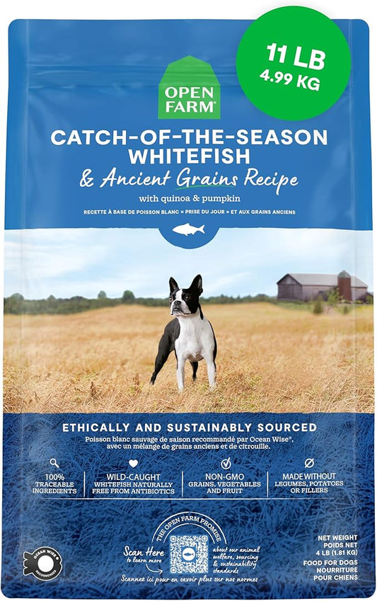 Open Farm Catch-of-The-Season Whitefish & Ancient Grains Dry Dog Food, Wild-Caught Whitefish Recipe with Wholesome Grains and No Artificial Flavors or Preservatives, 11 lbs