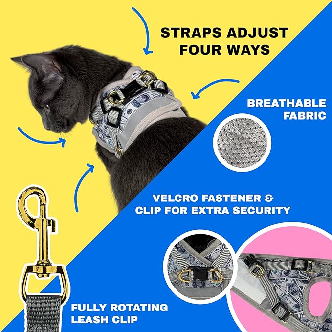 Travel Cat Harness and Leash Set - Adjustable Fit Mesh Cat Harness and Reflective Strap - Comfort Walking Vest for Kitten for Outdoor Walking, Hiking (Small, Cash)