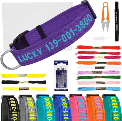 Personalized Embroidered Dog Collar - Custom Hand-Stitched Name & Number, Reflective Adjustable Pet Collar for Small/Medium/Large Dogs & Cats, Durable Nylon with Steel D-Ring (Purple, Medium)