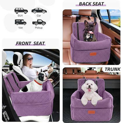 Small Dog Car Seat, Memory Foam Dog Booster Seats with Thick Cushion for Medium Dogs Under 35lbs, Detachable Washable Pet Car Seat Bed with Storage Pockets,2 Safety Belts Purple