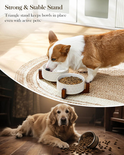 MALACASA Dog Bowl Set with Walnut Wood Stand, 3.5 Cups Ceramic Pet Bowls for Puppy Dogs, Dual Food and Water Bowls with Non-Slip Base, Basic Bowls for Your Dog or Cat, Five-Leaf Grass & Honeycomb