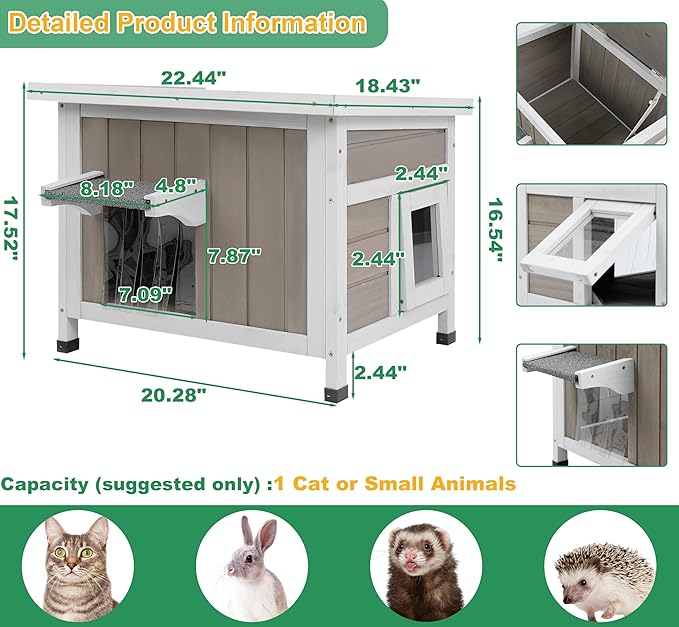 Outdoor Cat House for Feral Cats Weatherproof Cat Shelter Wooden Pet Small Houses Indoor Cat Condo with Escape Door & Openable Asphalt Roof to Enhanced Safety, Simple Assembly