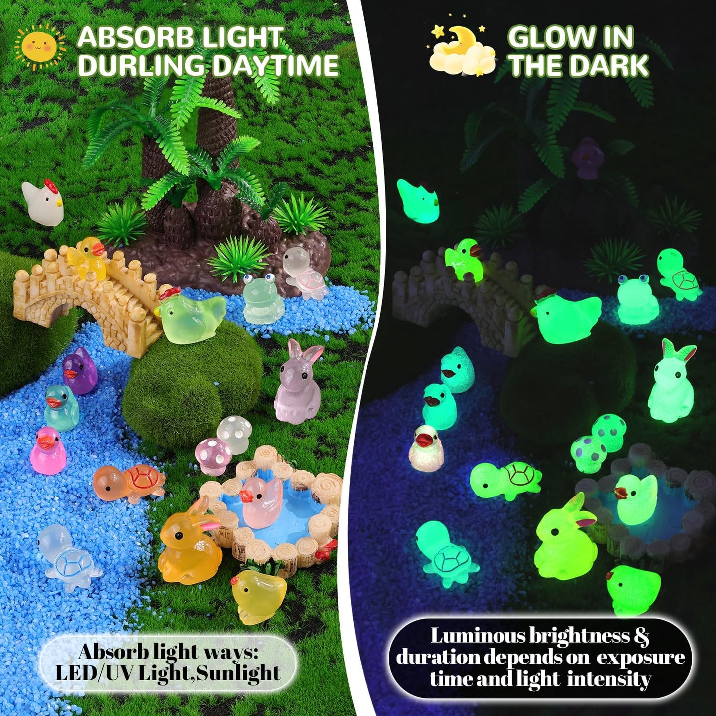 110PCS Mini Resin Animals Tiny Cute Figurines Glow in Dark, Miniature Figures to Hide, Little Animal Toys Small Accessories for Topper Desk Garden Dollhouse Landscape Aquarium Ornaments Crafts & Decor