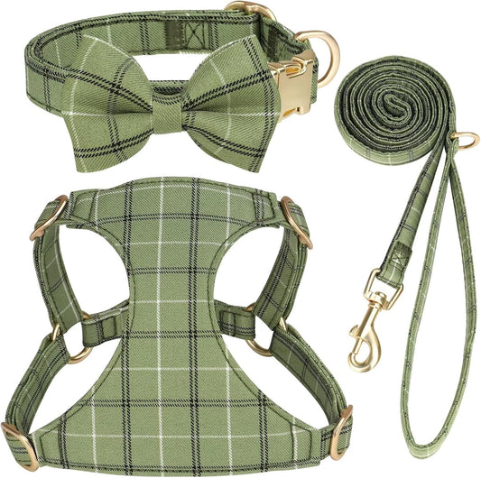 Beirui Cute Small Dog Harness Collar and Leash Set with Bowtie, Soft Adjustable Plaid Puppy Harness for Small Sized Dogs Cats Walks Parties and Photoshoots(Green,S:Chest 17-23")