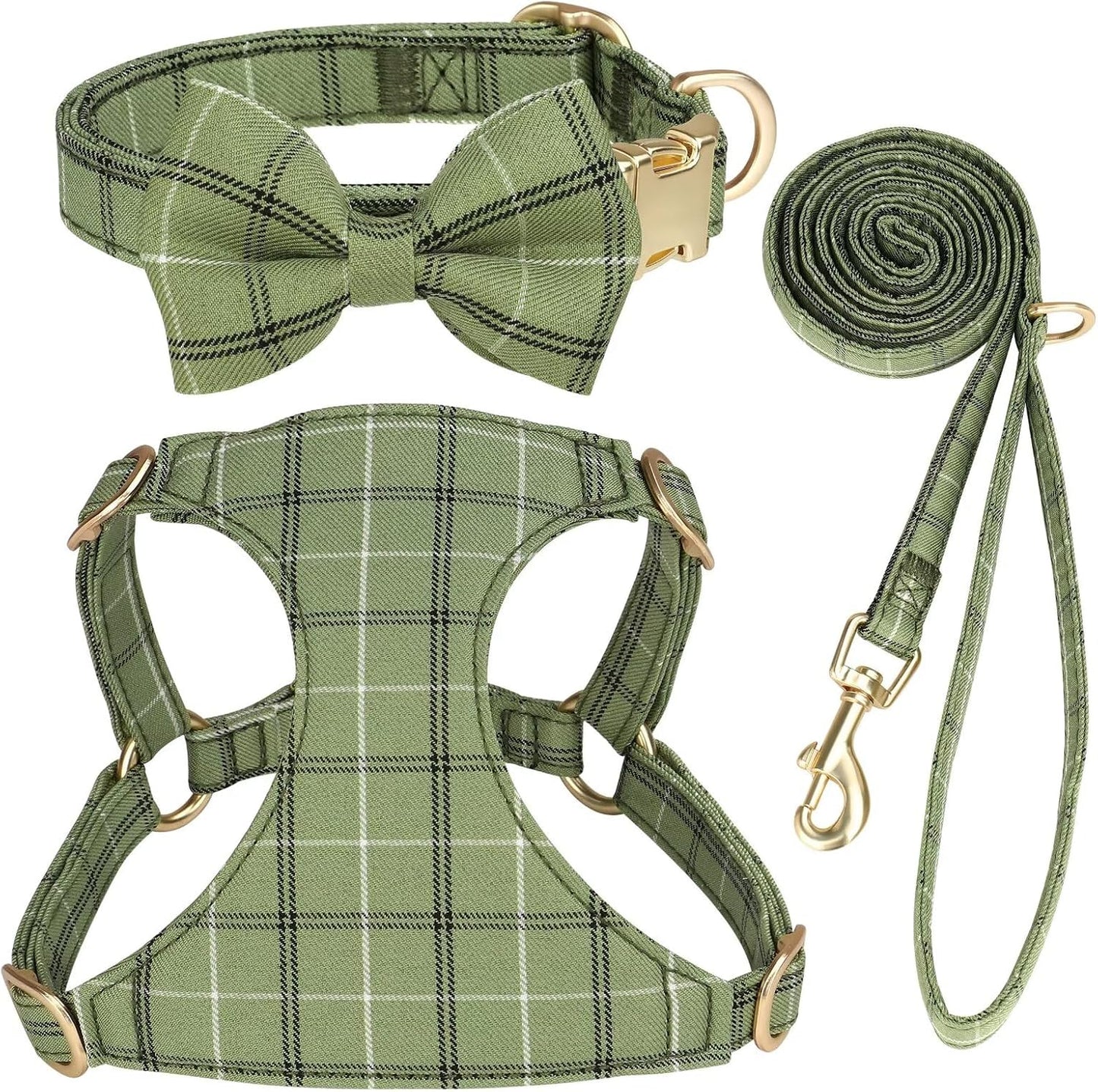Beirui Cute Extra Small Dog Harness Collar and Leash Set with Bowtie, Soft Adjustable Plaid Puppy Harness for Small Sized Dogs Cats Walks Parties and Photoshoots(Green,XXS:Chest 12-14")