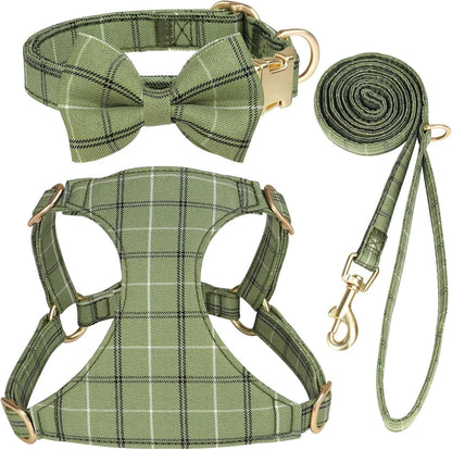 Beirui Cute Extra Small Dog Harness Collar and Leash Set with Bowtie, Soft Adjustable Plaid Puppy Harness for Small Sized Dogs Cats Walks Parties and Photoshoots(Green,XS:Chest 13-18")