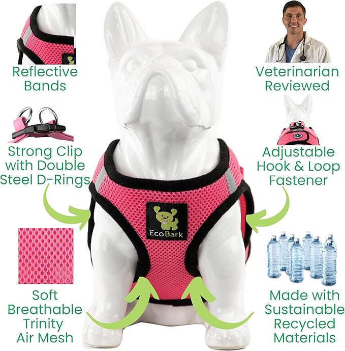 EcoBark Step in Dog Harness - Eco-Friendly Small Breed Dog Harnesses for XS Dogs - Reflective and Adjustable Mini Body Halter Vest - Tiny Soft Mesh Toy Breed (Bubblegum Pink, XS)