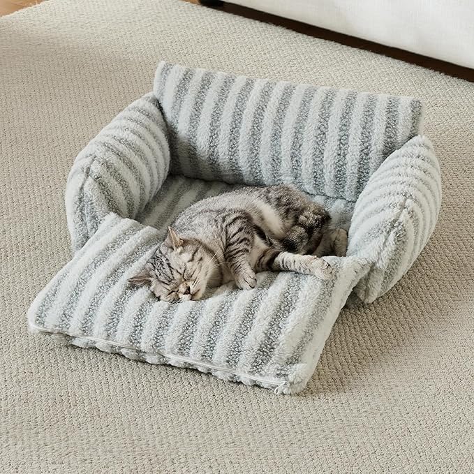 Hollypet Cat Bed Fluffy Plush Mutifuctional Double-Layer Soft Pet Couch Orthopedic Sofa Nest Beds for Small Cats and Dogs, Gray (21x15x8 inch)