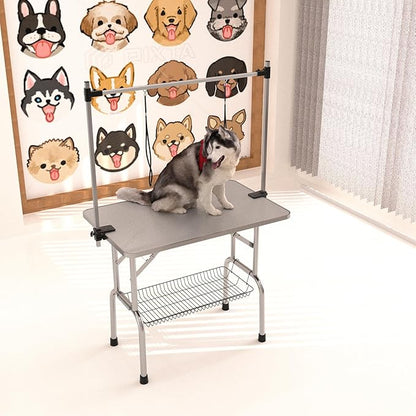 46" Dog Grooming Table Foldable Pet Grooming Tables with Adjustable Arm Noose Storage Mesh Tray Maximum Capacity Up to 330lbs Silver Gray