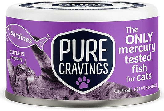 Pure Cravings Wet Cat Food Canned Sardines Cutlets in Gravy, Every Catch is Mercury-Tested, Moist Can Fish for Cats, Grain-Free, Protein, Non-GMO, Pack of 12
