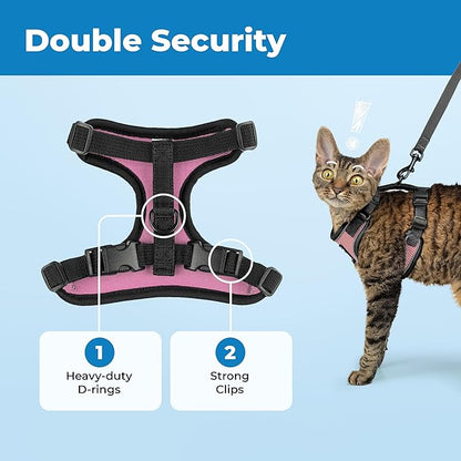 Voyager Escape Proof Cat Harness and Leash Set with Reflective Stitching, Neoprene Handle 5ft - Supports Small, Medium and Large Cats, Kittens for Walking by Best Pet Supplies - Black Trim-Pink, XXXS