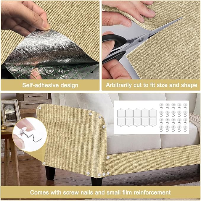 Cat Scratch Mat,118.5"x15.9" Trimmable Self-Adhesive Cats Scratch Carpet,Couch Protector from Cats Claw, Cat Scratch Furniture Protector, Indoor Furniture Protection for Chair, Wall, Sofa (Beige)