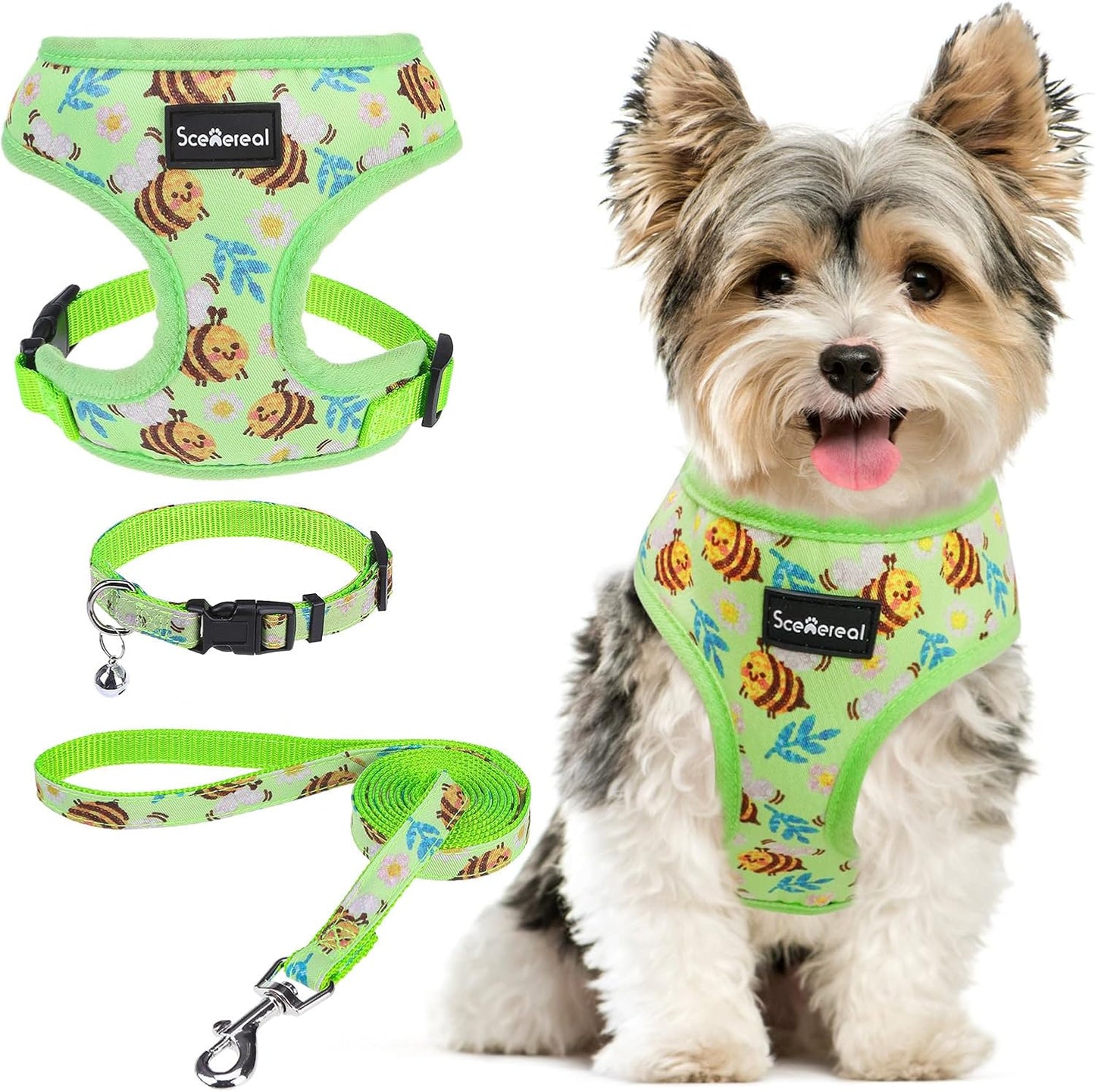 SCENEREAL Small Dog Harness and Leash Collar Set - No Pull Dog Harness for Small & Medium Sized Dogs - Soft Mesh Vest for Puppies, Chihuahua, Yorkie, Spring Summer Hiking Walking, Green Bee S