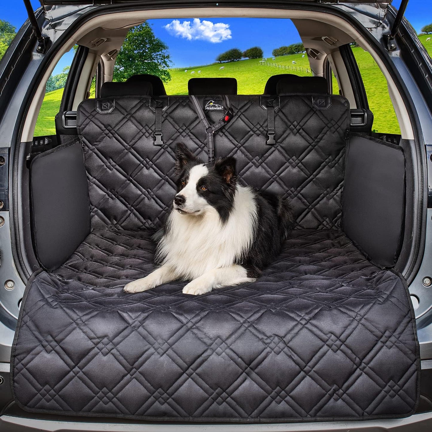 Meadowlark SUV Cargo Liner Dog Seat Covers + Seat Belt, Double Stitched & Extra Padded, Water Repellant, Anti Shock, Non-Slip, Cover Trunk Mat, Dog Accessories, Pet Car Seat Protector for Fur & Mud