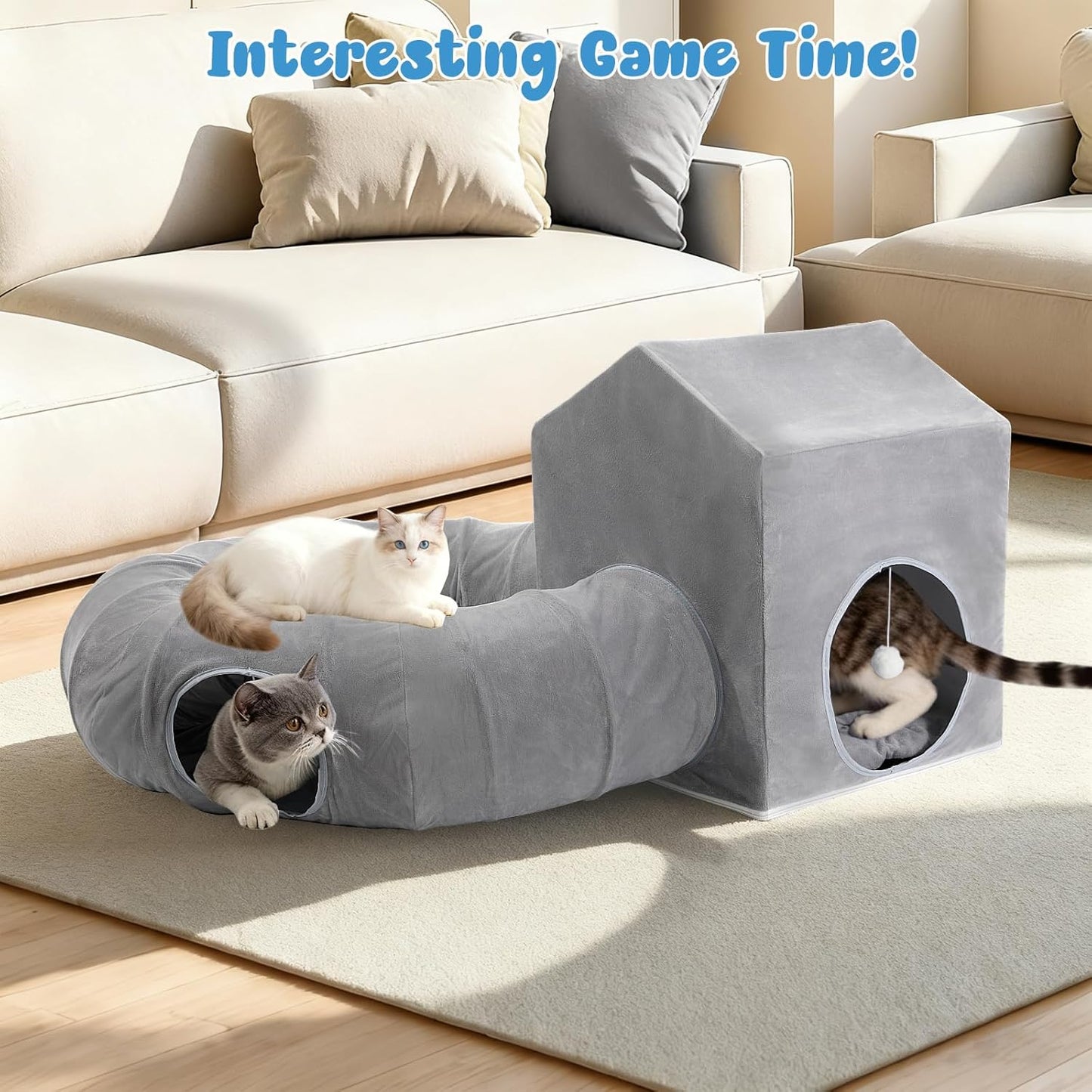 Pawaboo Cat Tunnel Bed, Cat Donut Tube with Square Kitten House, Soft Plush Cats Cave Tunnels with Washable Cushions, Foldable Kitten Bed Hideout with Fluffy Balls for Indoor Cats Rabbit Ferret, Gray
