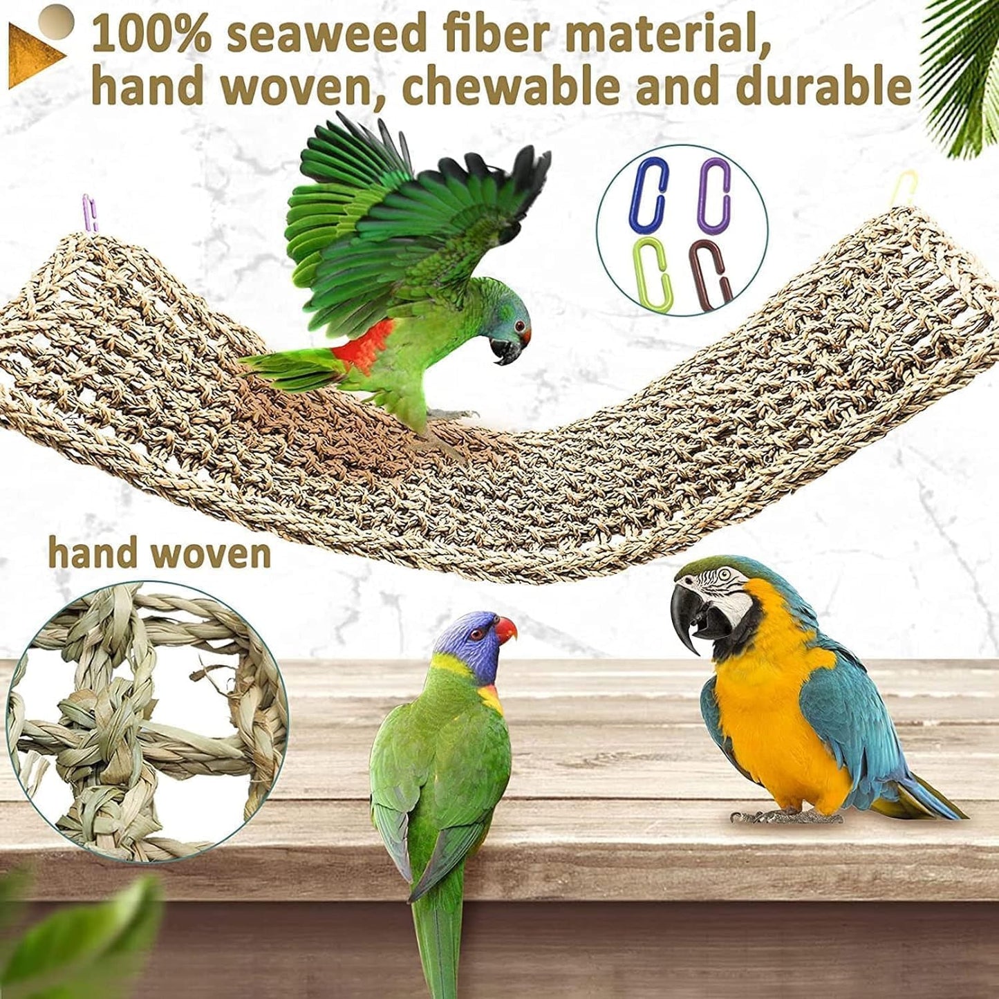 2Pcs Bird Seagrass Mat 30 × 7" Natural Grass Woven Net Hammock with Hooks Climbing Rope Ladder Chew Toys Hanging on Parrot Cage for Lovebird Pigeon Cockatiel Conure Budgie Cockatoo